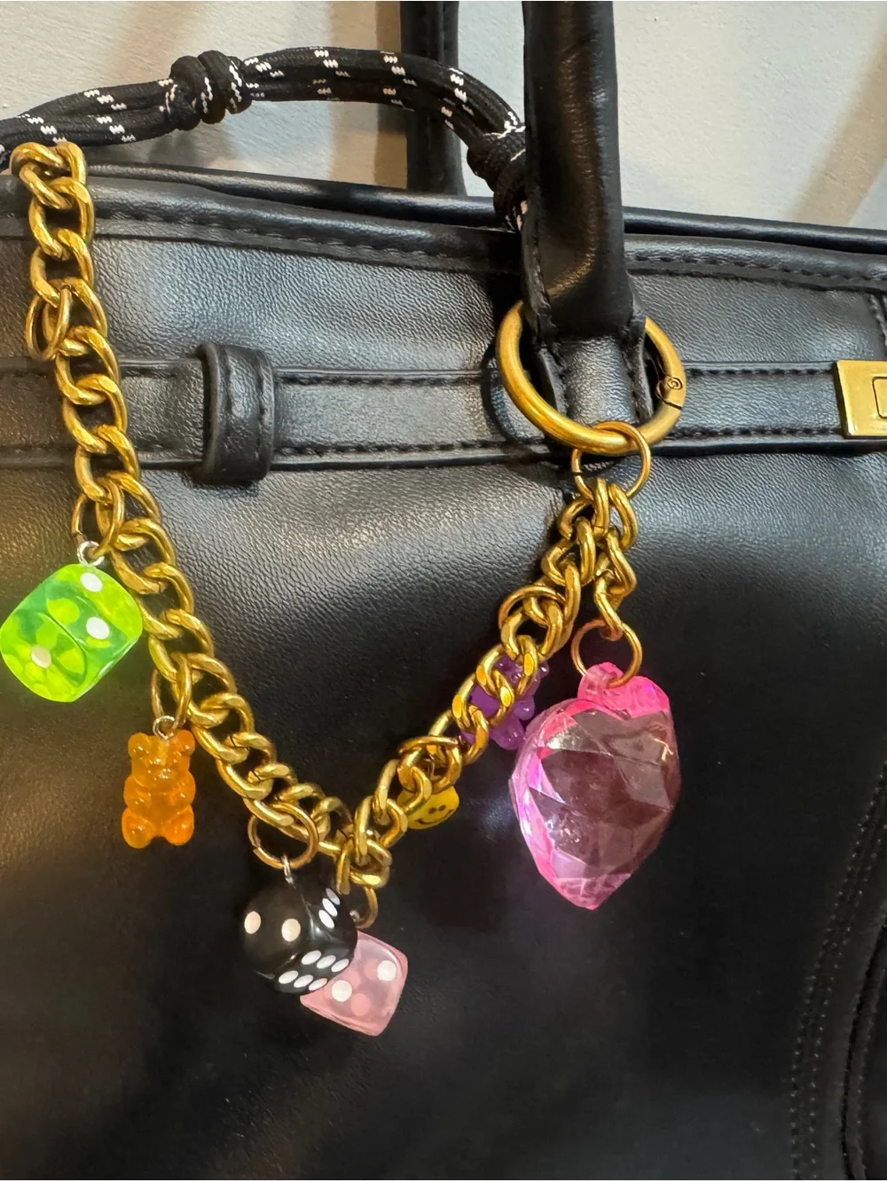 Steve Madden Black Leather Satchel with Colorful Charm Chain